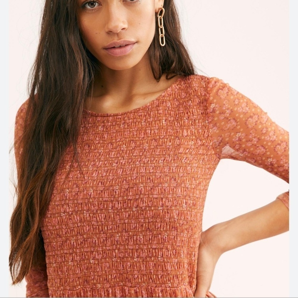 Free People Hello and Goodbye Orange Floral Mesh Smocked Midi Dress SZ Small - Picture 3 of 14